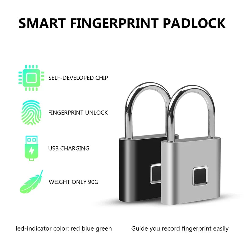 High-Security Black Silver USB Rechargeable Fingerprint Padlock - Quick Unlock Zinc Alloy Design